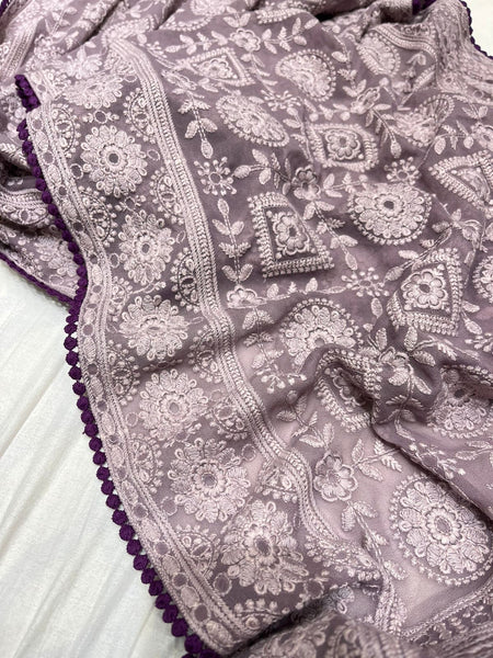 Purple Lavender Chikankari on Georgette with Contrast Lace
