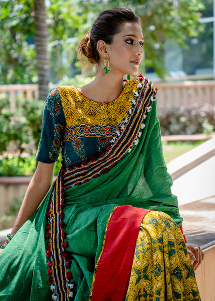 GREEN COTTON SAREE WITH AJRAKH COMBINATION SAREE WITH DELICATE WOVEN WOOLEN BORDER