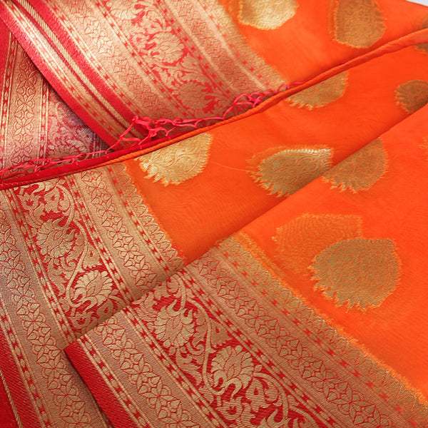 Orange and Pink Kora Maheshwari Silk Saree