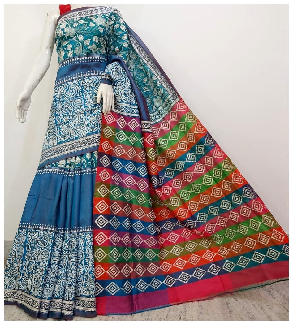 3D Multi Color Kantha Stitched Saree in Pure Bishnupuri Silk Saree