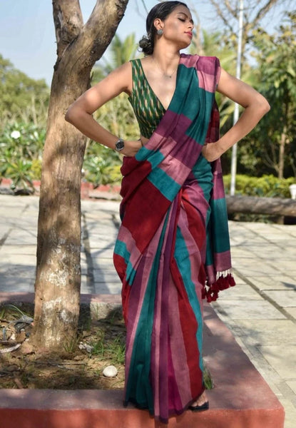 Maroon Multicolor Handloom cotton saree