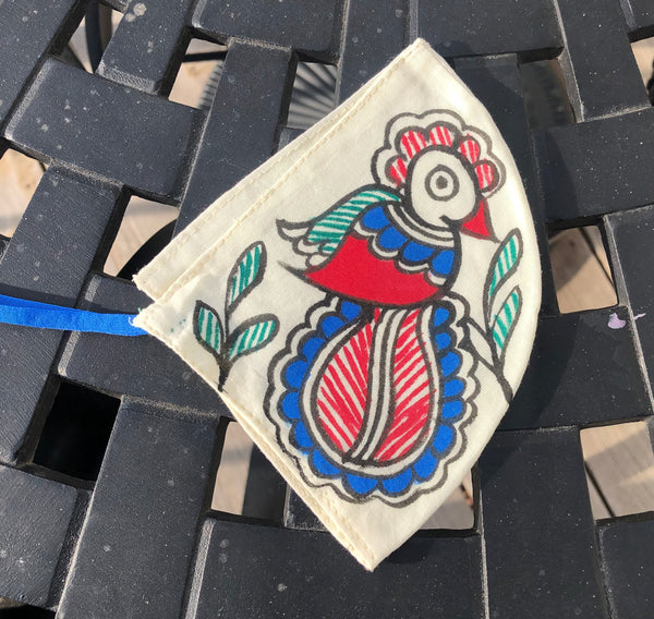 Two Ply Organic Cotton Fashion Mask with Hand-Painted Madhubani motives, Washable and Reusable Face Mask