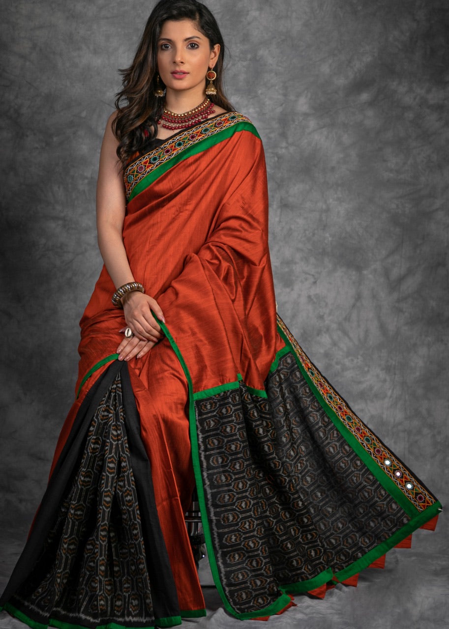 Ikat and Kutchi Mirror Work Handloom Silk Saree