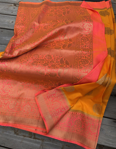 Pure Soft Handloom Silk Saree In Orange and Coral