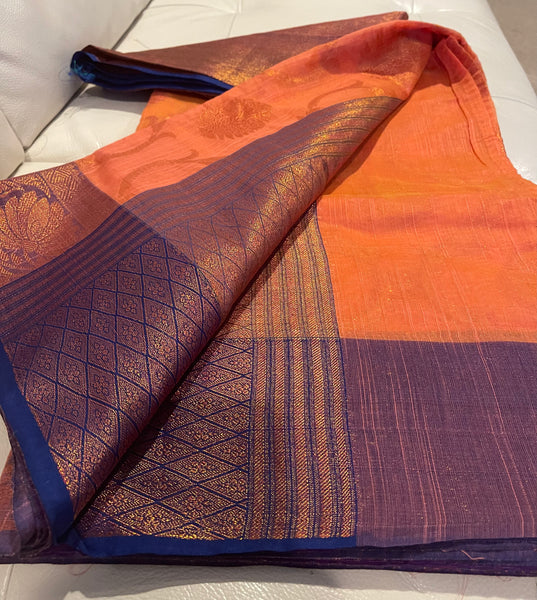 Coral Pink and Purple Handloom Brocade Cotton Silk Saree