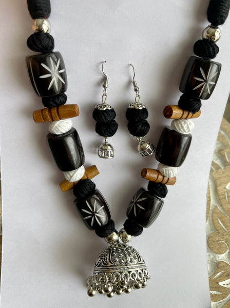 Black Stone German Silver Necklace with Earrings