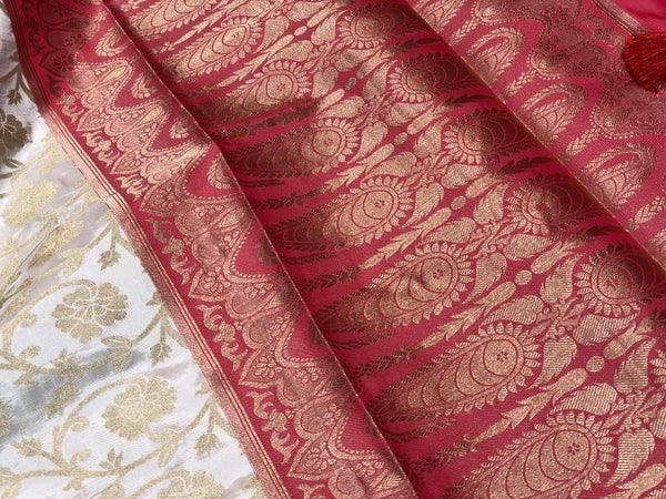 Soft Handloom Blended Silk Saree in Red and White with Golden Floral Print