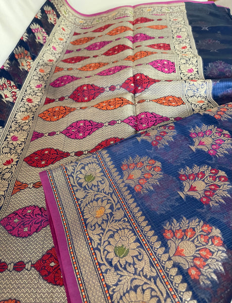 Navy Blue Banarasi Handloom Cotton Silk Saree