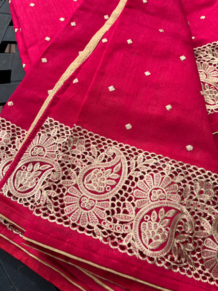 Reddish Pink Cutwork Raw Handloom Silk Saree