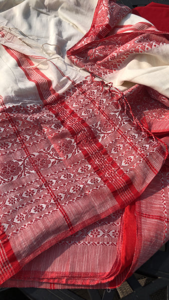 Bengali Pure Handloom Red and White Cotton Saree