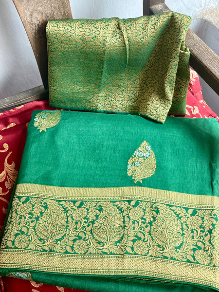 Green, Gold, Silver Dual Tone Muga Silk Saree