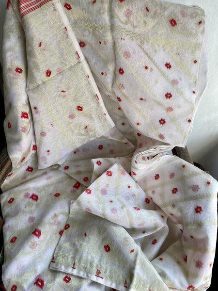 WHITE COTTON PURE JAMDANI SAREE WITH BENARASI PIPING