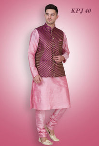 Pink Mens Silk Kurta Pajama With Brocade Modi Jacket