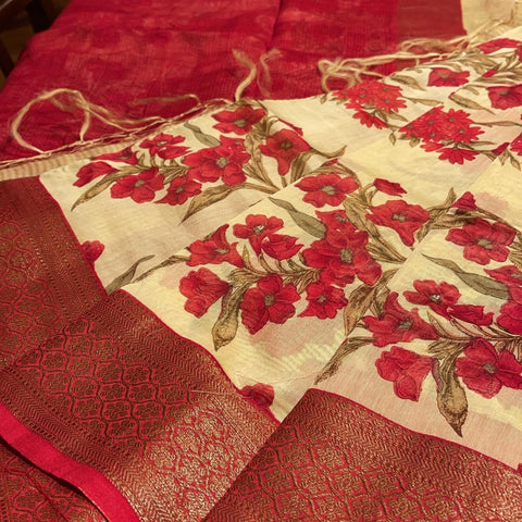 Yellow and Red Chanderi Handloom Cotton Silk Saree
