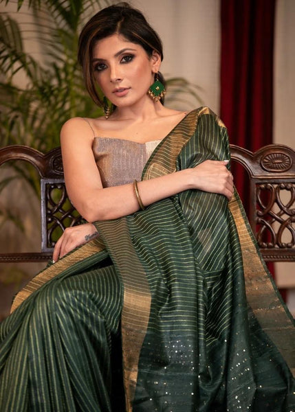 STRIPED OLIVE GREEN KOTA SILK SAREE