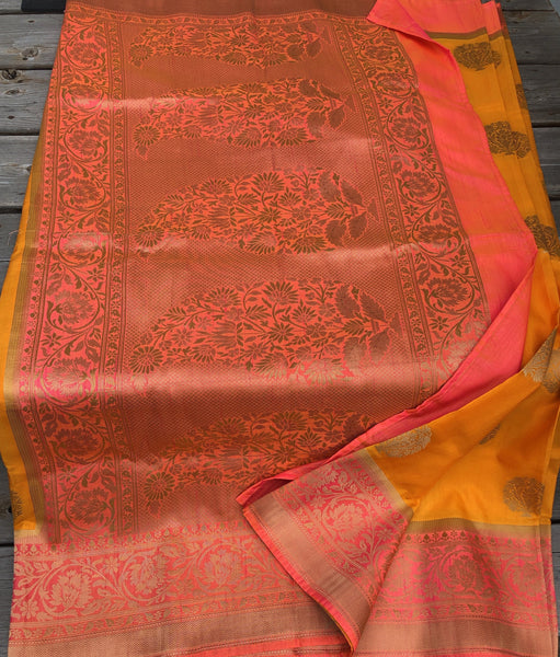 Pure Soft Handloom Silk Saree In Orange and Coral