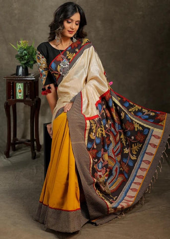 MUSTARD COTTON AND BEIGE TISSUE COMBINATION SAREE WITH KALAMKARI PALLU