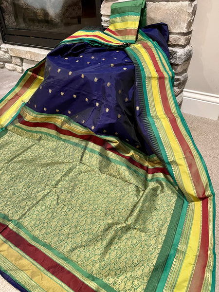 Navy Blue, Green, and Gold Kanchipuram Naali Silk Saree