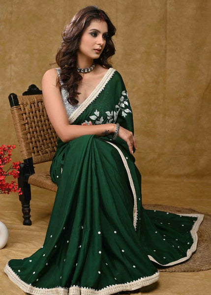 FOREST GREEN HANDLOOM SILK SAREE WITH EMBROIDERED BORDER