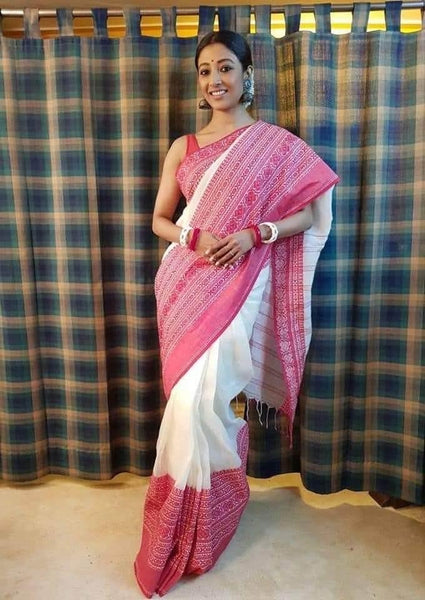 Bengali Pure Handloom Red and White Cotton Saree