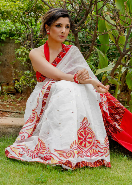 CHANDERI HANDPAINTED WHITE SAREE WITH IKAT BORDER