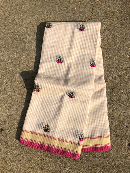 Off White Check Cotton Silk Embroidered Saree with Readymade Blouse