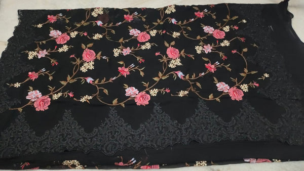 Black Georgette Chiffon with Lace and Embroidery