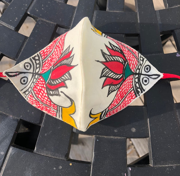 Two Ply Organic Cotton Fashion Mask with Hand-Painted Madhubani motives, Washable and Reusable Face Mask