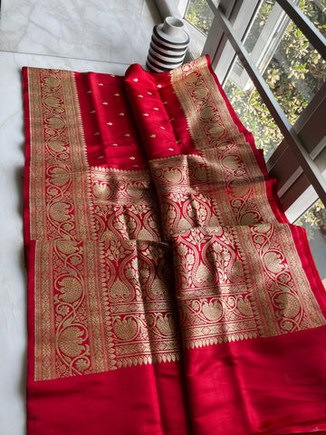 Pure Red Katan Silk Saree with Golden Zari