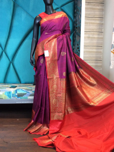 Purple and Red Soft Banarasi Pattu Katan Silk Saree with Zari weaves with Pink Border