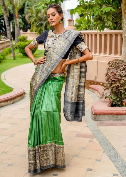 GREEN PURE GHICHA SILK HANDPAINTED MADHUBANI SAREE