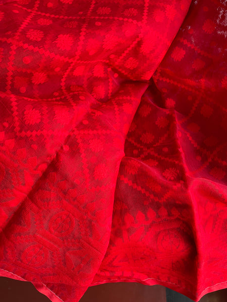 Pure Red Jamdani Weave Saree with Golden Buttas all over with Golden Butta Aachal