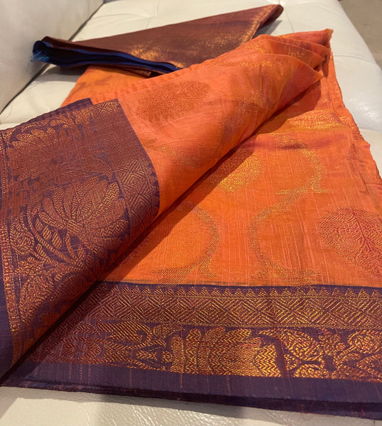 Coral Pink and Purple Handloom Brocade Cotton Silk Saree