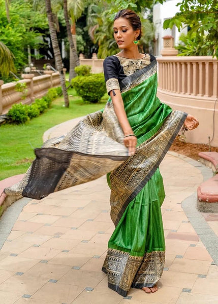GREEN PURE GHICHA SILK HANDPAINTED MADHUBANI SAREE