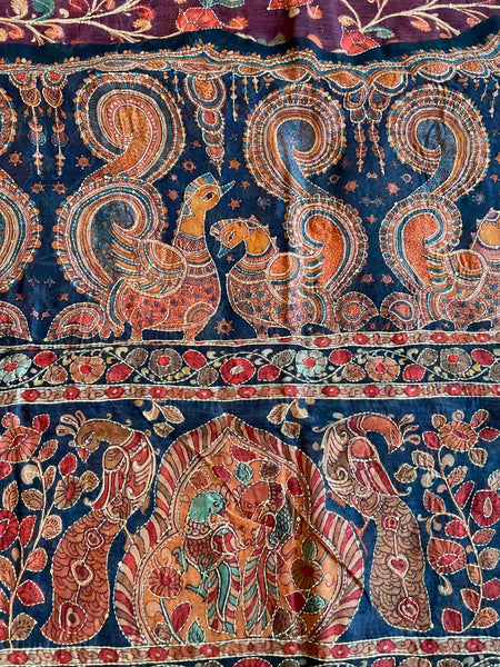 Wine Magenta Kalamkari Kantha Stitched Handloom Silk Cotton Saree