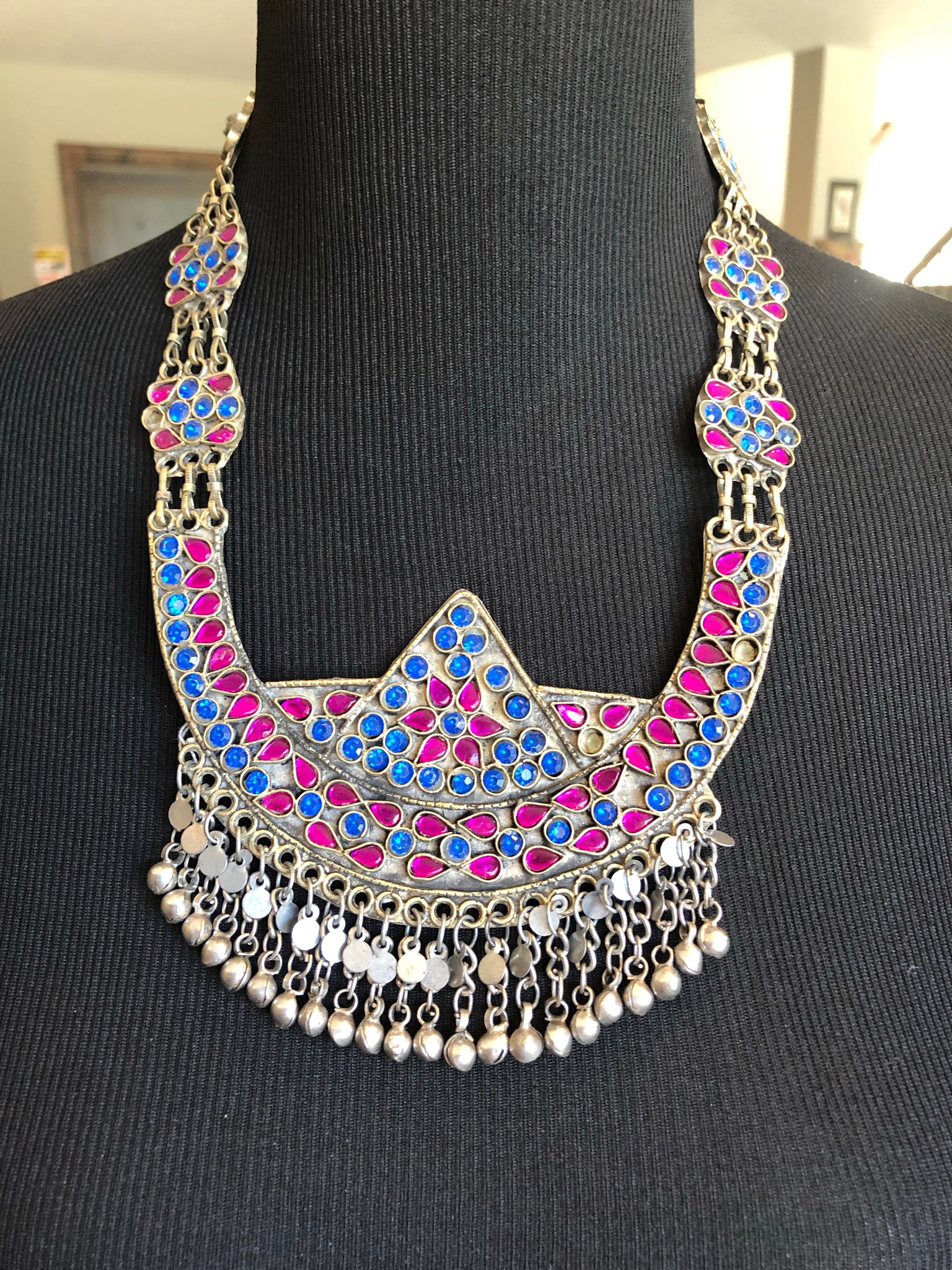 Blue and Magenta Afghan Glass Oxidized Necklace