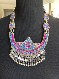 Blue and Magenta Afghan Glass Oxidized Necklace
