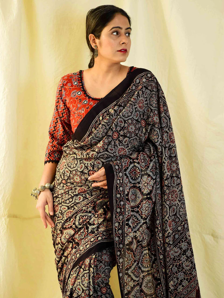 AJRAKH BLOCK PRINTED BLACK MODAL SILK SAREE –