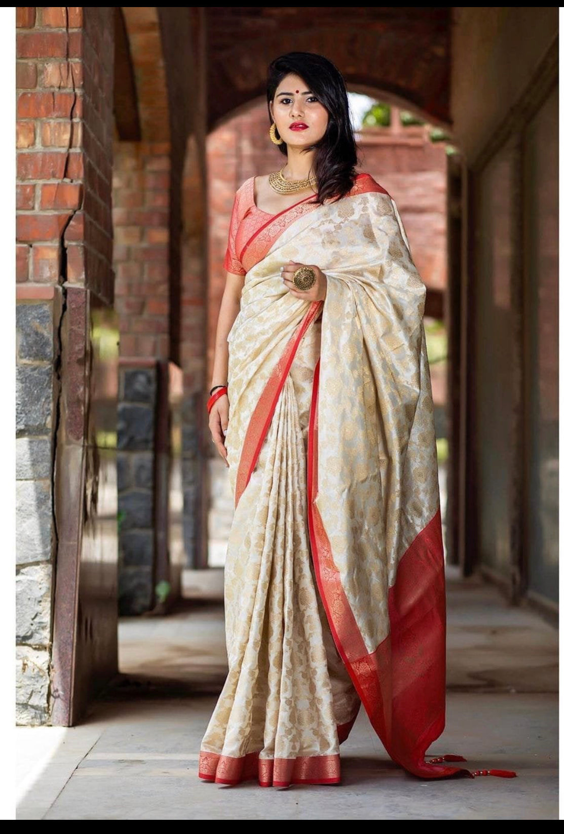 Soft Handloom Blended Silk Saree in Red and White with Golden Floral Print