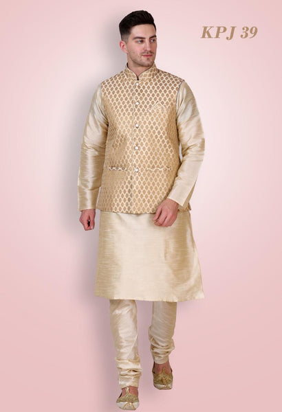 Mens Golden Beige Color Silk Kurta Pajama With Printed Modi Jacket