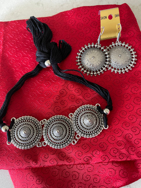 Black German Silver Ghungroo Necklace with Earring Set