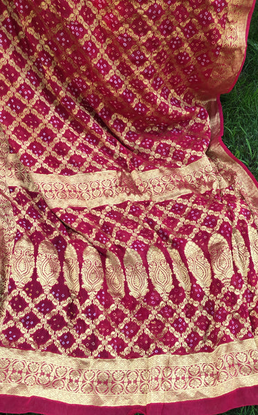 Magenta Hot Rani Pink Georgette Bandej Bandhani Saree