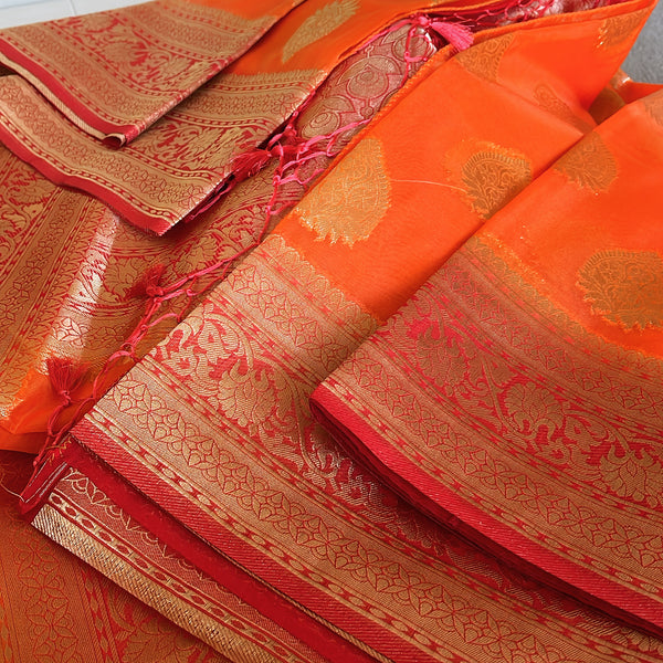 Orange and Pink Kora Maheshwari Silk Saree