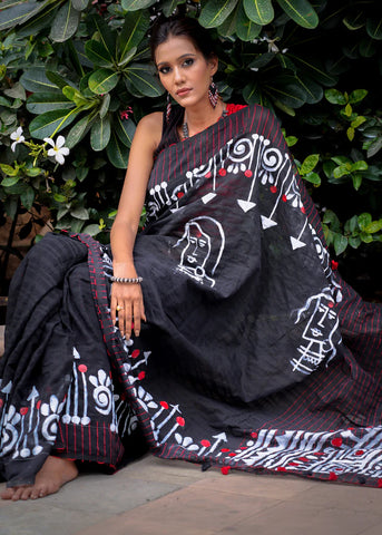 HANDPAINTED BLACK COTTON SAREE