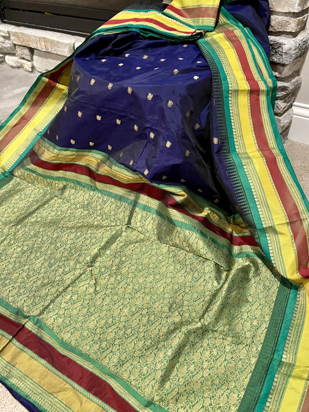 Navy Blue, Green, and Gold Kanchipuram Naali Silk Saree
