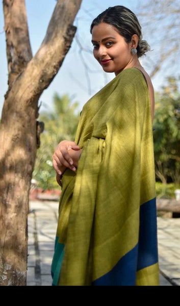 Olive Green and Blue Handloom cotton saree