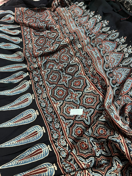 AJRAKH BLOCK PRINTED BLACK MODAL SILK SAREE