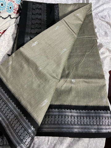 Grey and Black Pure Handloom Cotton Silk Saree