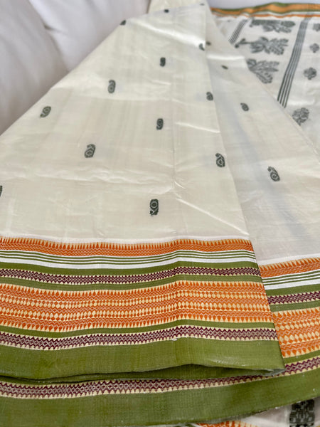 Off White Garad Silk Saree with Green Border