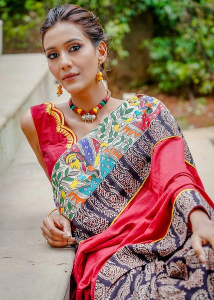 COTTON AJRAKH SAREE WITH INTRICATE MADHUBANI HAND PAINTED BORDER